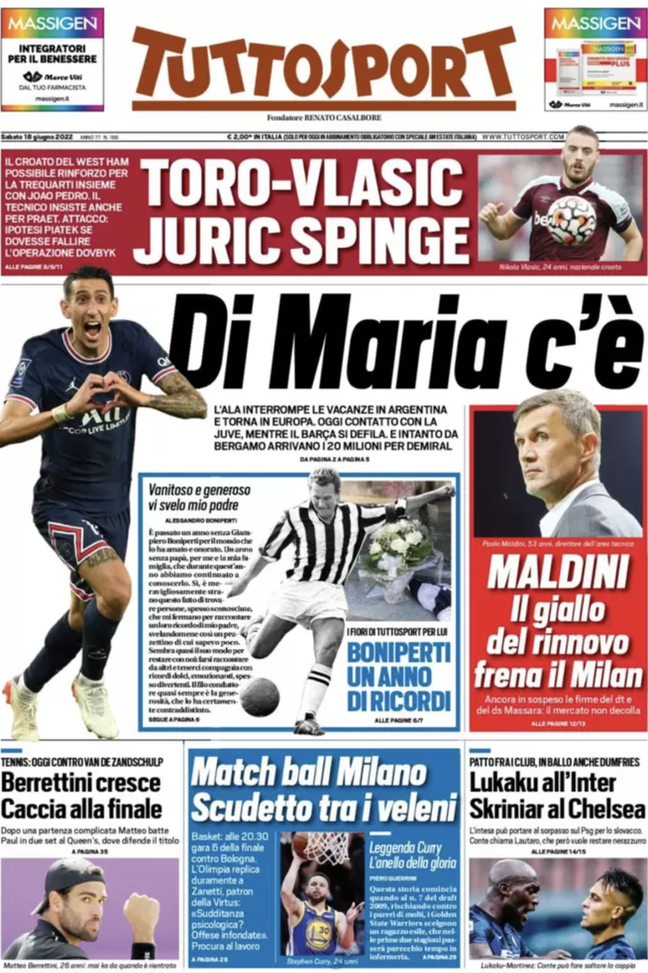 Prima Pagina, Tuttosport: “Juventus, Di Maria c’è. Lukaku-Inter, Skriniar-Chelsea” prima pagina