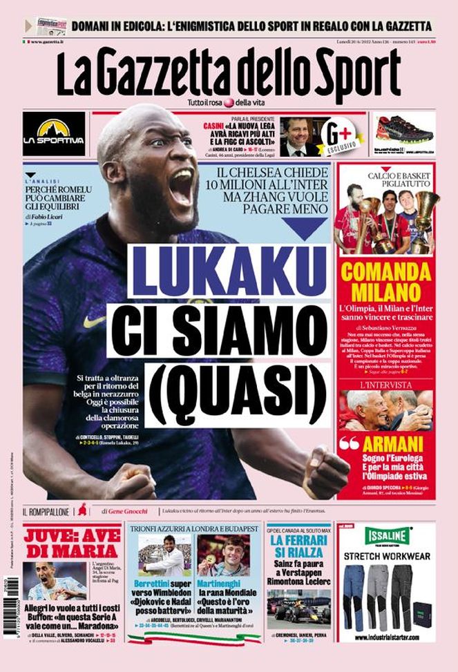 Prima Pagina, La Gazzetta dello Sport: “Lukaku, ci siamo (quasi). Comanda Milano” - immagine 1