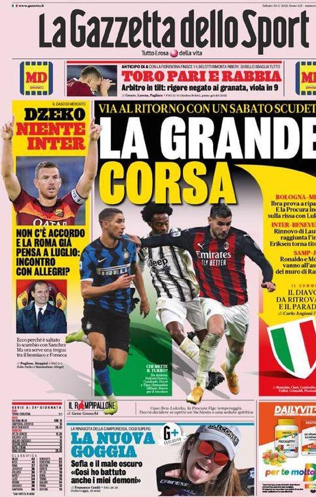  La Gazzetta dello Sport, la prima pagina di oggi, sabato 30 gennaio 2021 