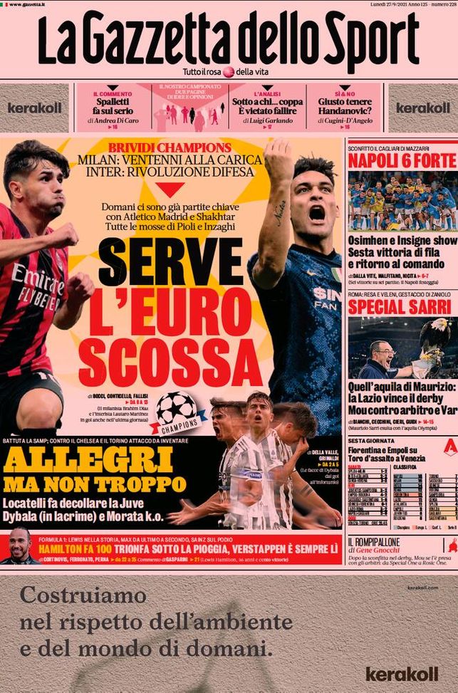 Prima Pagina, La Gazzetta dello Sport: “Serve l’Euro scossa. Napoli 6 forte!”  Prima Pagina, La Gazzetta dello Sport: “Serve l’Euro scossa. Napoli 6 forte!”