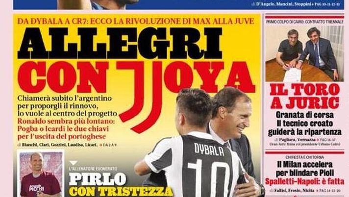 Prima Pagina, La Gazzetta dello Sport: &#8220;Allegri con Joya, Pirlo con tristezza. Hakimi al PSG&#8221; 