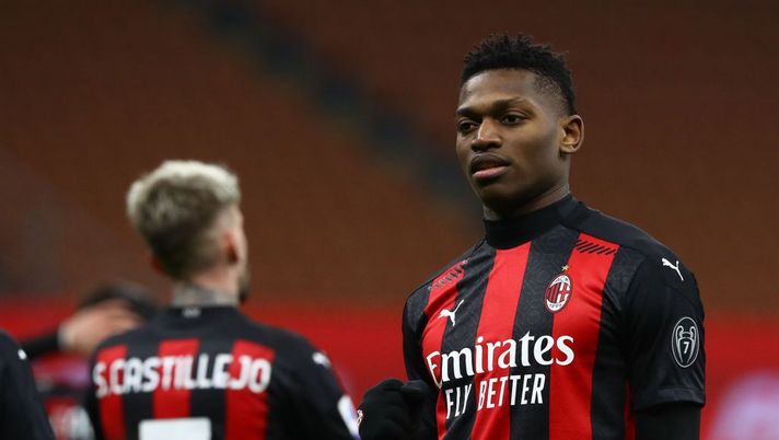 MILAN, ITALY - JANUARY 09: Rafael Leao of Milan celebrates after scoring their sides first goal during the Serie A match between AC Milan and Torino FC at Stadio Giuseppe Meazza on January 09, 2021 in Milan, Italy. Sporting stadiums around Italy remain under strict restrictions due to the Coronavirus Pandemic as Government social distancing laws prohibit fans inside venues resulting in games being played behind closed doors. (Photo by Marco Luzzani/Getty Images) MILAN, ITALY - JANUARY 09: Rafael Leao of Milan celebrates after scoring their sides first goal during the Serie A match between AC Milan and Torino FC at Stadio Giuseppe Meazza on January 09, 2021 in Milan, Italy. Sporting stadiums around Italy remain under strict restrictions due to the Coronavirus Pandemic as Government social distancing laws prohibit fans inside venues resulting in games being played behind closed doors. (Photo by Marco Luzzani/Getty Images)