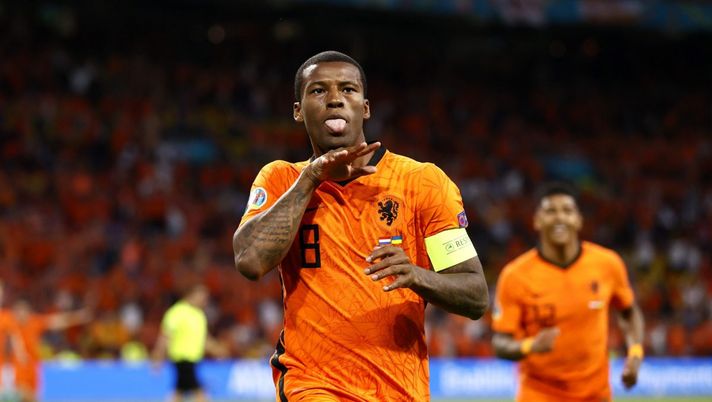 AMSTERDAM, NETHERLANDS - JUNE 13: Georginio Wijnaldum of Netherlands celebrates after scoring their side's first goal during the UEFA Euro 2020 Championship Group C match between Netherlands and Ukraine at the Johan Cruijff ArenA on June 13, 2021 in Amsterdam, Netherlands. (Photo by Koen van Weel - Pool/Getty Images) AMSTERDAM, NETHERLANDS - JUNE 13: Georginio Wijnaldum of Netherlands celebrates after scoring their side's first goal during the UEFA Euro 2020 Championship Group C match between Netherlands and Ukraine at the Johan Cruijff ArenA on June 13, 2021 in Amsterdam, Netherlands. (Photo by Koen van Weel - Pool/Getty Images)