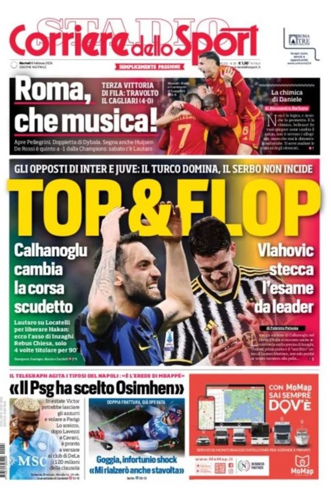 EDICOLA / CdS: Inter-Juve, top e flop: Calhanoglu cambia corsa scudetto. Vlahovic stecca - immagine 1