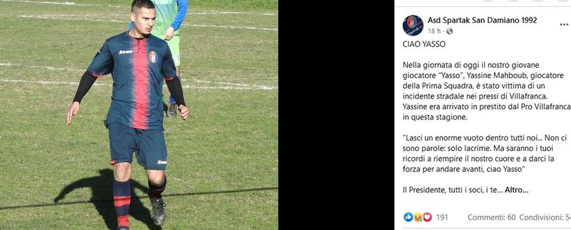 Tragedia in Prima Categoria: morto calciatore 25enne Yassine Mahboub Tragedia in Prima Categoria: morto calciatore 25enne Yassine Mahboub