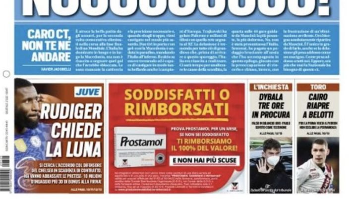 Prima Pagina, Tuttosport: “Nooooooooo! Italia fuori dal Mondiale” - immagine 1