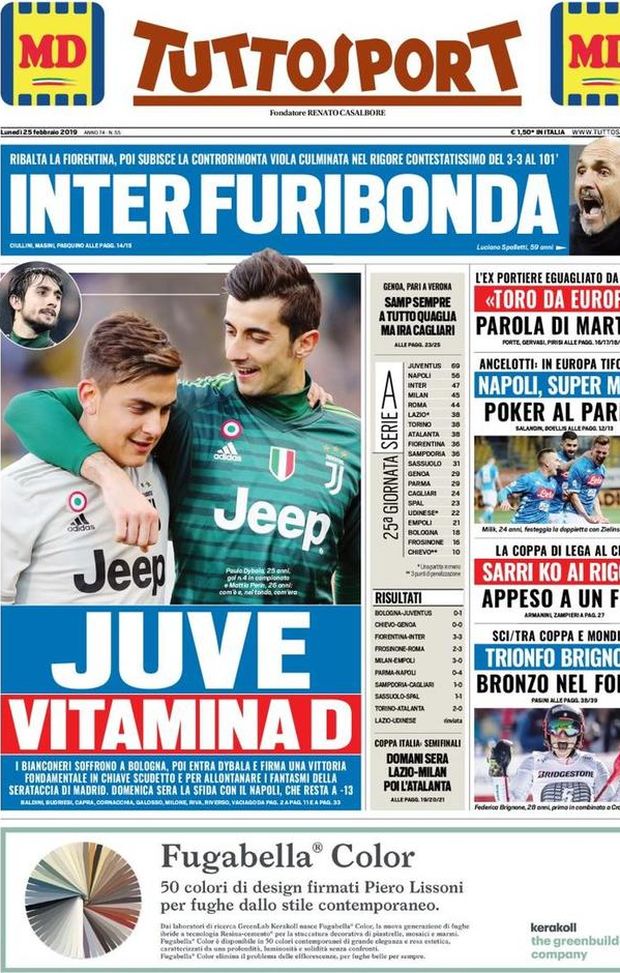 Prima Pagina, Tuttosport: “Juve vitamina D. Inter furibonda. Napoli, super Milik. Sarri appeso a un filo…” Prima Pagina, Tuttosport: “Juve vitamina D. Inter furibonda. Napoli, super Milik. Sarri appeso a un filo…”