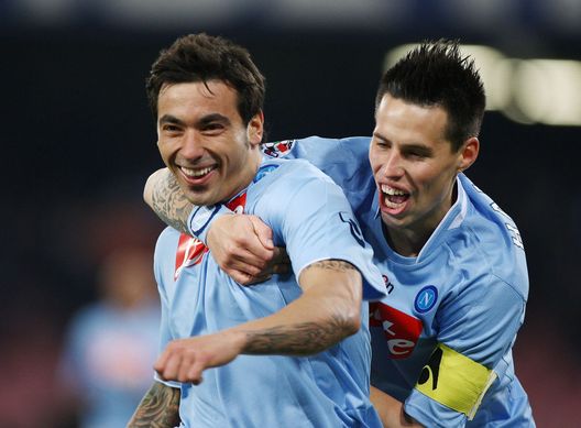 NAPLES, ITALY - MARCH 13: Ezequiel Lavezzi (L) of SSC Napoli celebrates the opening goal with his teammate Marek Hamsik during the Serie A match between SSC Napoli and ACF Fiorentina at Stadio San Paolo on March 13, 2010 in Naples, Italy. (Photo by Paolo Bruno/Getty Images) NAPLES, ITALY - MARCH 13: Ezequiel Lavezzi (L) of SSC Napoli celebrates the opening goal with his teammate Marek Hamsik during the Serie A match between SSC Napoli and ACF Fiorentina at Stadio San Paolo on March 13, 2010 in Naples, Italy. (Photo by Paolo Bruno/Getty Images)
