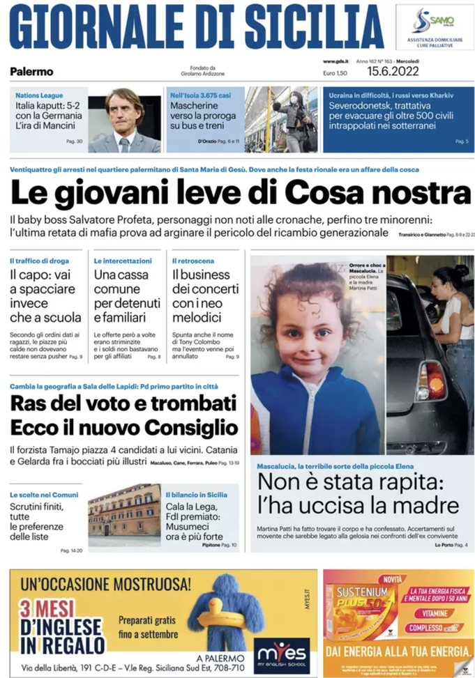 Prima Pagina, Giornale di Sicilia: “Le giovani leve di Cosa Nostra. Italia kaputt” prima pagina