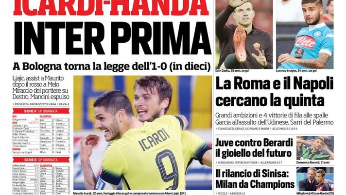 Prima Pagina, Corriere dello Sport: &#8220;Icardi-Handanovic, Inter prima. Napoli, Sarri all&#8217;assalto del Palermo. Juventus contro il gioiello del futuro&#8221; 