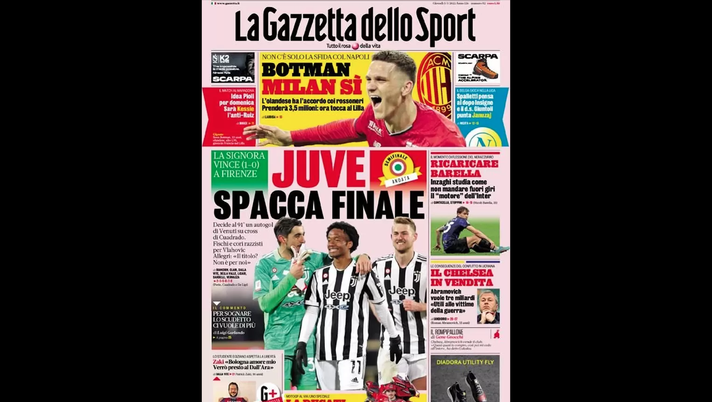 Prima Pagina, La Gazzetta dello Sport: “Juve spacca finale. Botman-Milan sì” Prima Pagina
