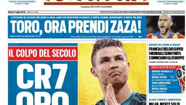 Prima Pagina, Tuttosport: “CR7 oro Juve. I Mondiali sono finiti. Milan, da Li solo un fax…” 