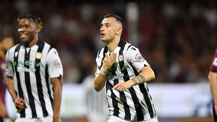 Nestorovski, attaccante dell'Udinese, in gol contro l'Union Berlino nel 3-3