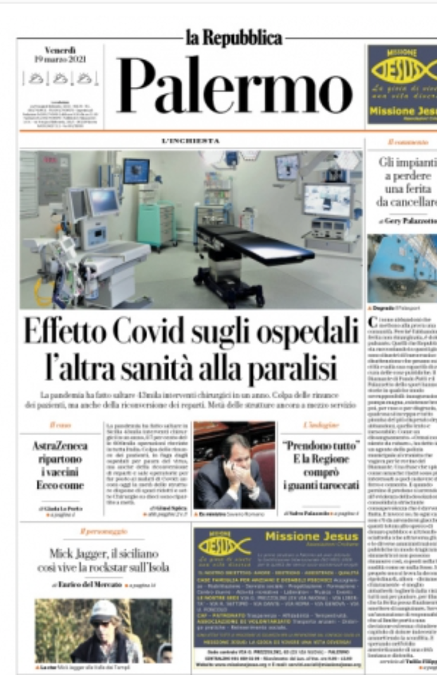 Prima Pagina, La Repubblica Palermo: “Effetto Covid sugli ospedali, l’altra sanità alla paralisi” Prima Pagina, La Repubblica Palermo: “Effetto Covid sugli ospedali, l’altra sanità alla paralisi”
