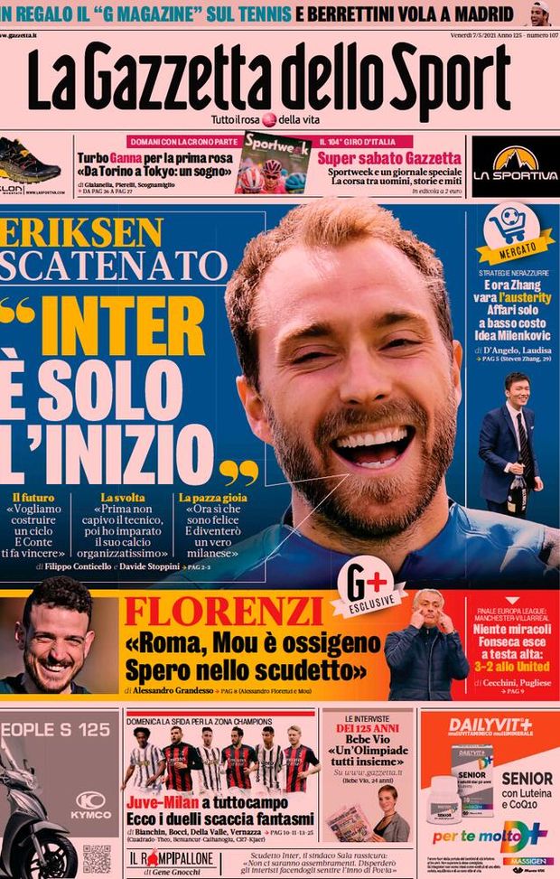Prima Pagina, La Gazzetta dello Sport: “Eriksen scatenato! Juventus-Milan a tuttocampo” 