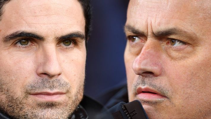 FILE PHOTO (EDITORS NOTE: COMPOSITE OF IMAGES - Image numbers 1196064545, 1207501194 - GRADIENT ADDED) In this composite image a comparison has been made between Manager of Arsenal, Mikel Arteta (L) and Jose Mourinho, Manager of Tottenham Hotspur . Arsenal and Tottenham Hotspur meet in a Premier League fixture at the Emirates Stadium on March 14,2021 in London, United Kingdom. ***LEFT IMAGES*** BOURNEMOUTH, ENGLAND - DECEMBER 26: Manager of Arsenal, Mikel Arteta looks on during the Premier League match between AFC Bournemouth and Arsenal FC at Vitality Stadium on December 26, 2019 in Bournemouth, United Kingdom. (Photo by Justin Setterfield/Getty Images) ***RIGHT IMAGE*** LONDON, ENGLAND - FEBRUARY 19: Jose Mourinho, Manager of Tottenham Hotspur looks on ahead of the UEFA Champions League round of 16 first leg match between Tottenham Hotspur and RB Leipzig at Tottenham Hotspur Stadium on February 19, 2020 in London, United Kingdom. (Photo by Laurence Griffiths/Getty Images) FILE PHOTO (EDITORS NOTE: COMPOSITE OF IMAGES - Image numbers 1196064545, 1207501194 - GRADIENT ADDED) In this composite image a comparison has been made between Manager of Arsenal, Mikel Arteta (L) and Jose Mourinho, Manager of Tottenham Hotspur . Arsenal and Tottenham Hotspur meet in a Premier League fixture at the Emirates Stadium on March 14,2021 in London, United Kingdom. ***LEFT IMAGES*** BOURNEMOUTH, ENGLAND - DECEMBER 26: Manager of Arsenal, Mikel Arteta looks on during the Premier League match between AFC Bournemouth and Arsenal FC at Vitality Stadium on December 26, 2019 in Bournemouth, United Kingdom. (Photo by Justin Setterfield/Getty Images) ***RIGHT IMAGE*** LONDON, ENGLAND - FEBRUARY 19: Jose Mourinho, Manager of Tottenham Hotspur looks on ahead of the UEFA Champions League round of 16 first leg match between Tottenham Hotspur and RB Leipzig at Tottenham Hotspur Stadium on February 19, 2020 in London, United Kingdom. (Photo by Laurence Griffiths/Getty Images)