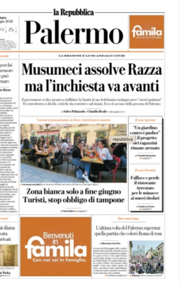 Prima Pagina, La Repubblica Palermo: “Zona bianca a fine giugno, Musumeci assolve Razza” Prima Pagina, La Repubblica Palermo: “Zona bianca a fine giugno, Musumeci assolve Razza”