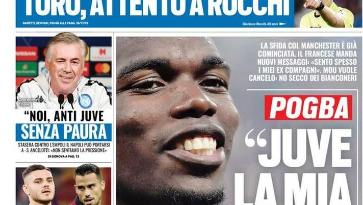 Prima Pagina, Tuttosport: “Pogba: ‘Juve la mia famiglia’. Ancelotti: ‘Noi l’anti Juve’. Toro, attento a Rocchi…” 
