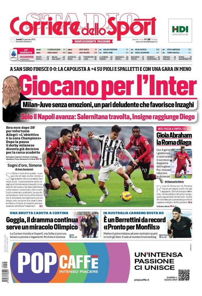 Prima Pagina, Corriere dello Sport: “Giocano per l’Inter. Milan-Juve senza emozioni”  Prima Pagina, Corriere dello Sport: “Giocano per l’Inter. Milan-Juve senza emozioni” - immagine 1