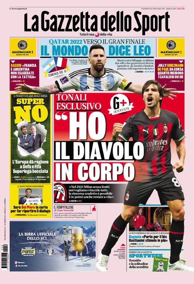 La Gazzetta dello Sport, la prima pagina di oggi, venerdì 16 dicembre 2022