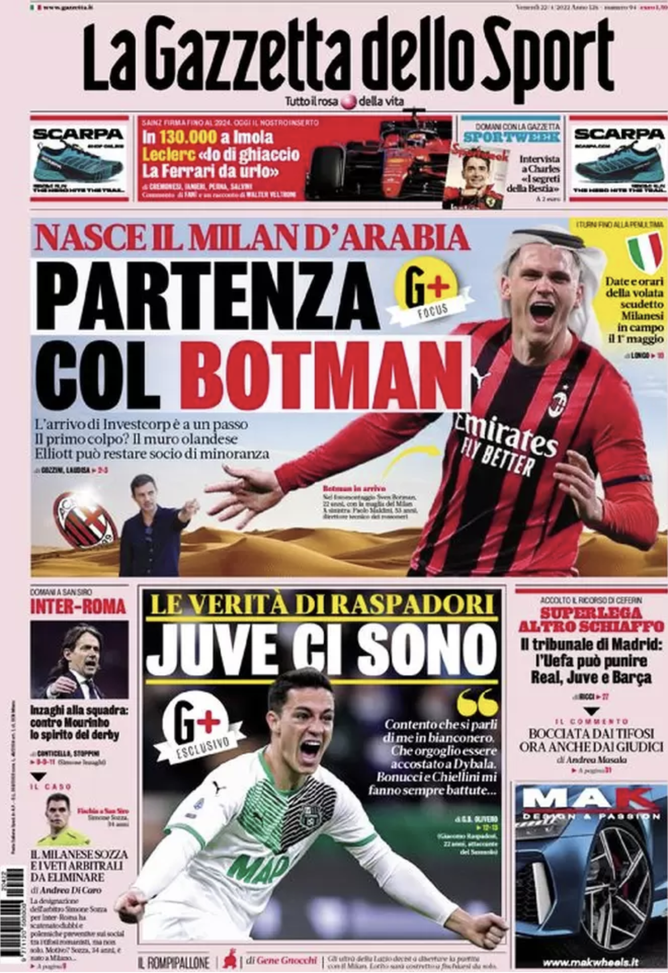 Prima Pagina, Gazzetta dello Sport: “Nasce il Milan d’Arabia. La verità di Raspadori” prima pagina