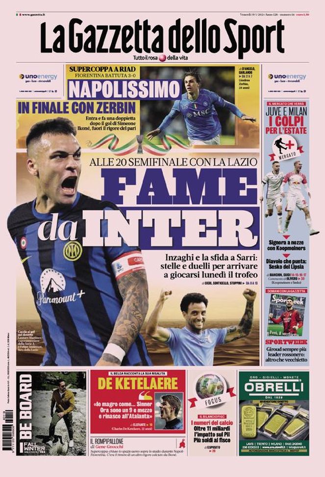 La prima pagina Gazzetta dello Sport 19-01-2024