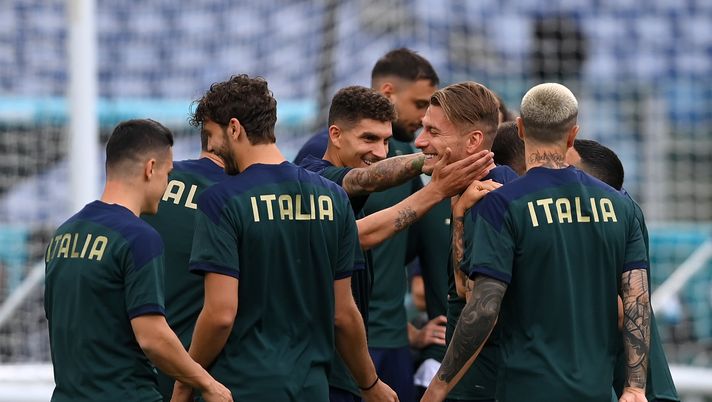 ROME, ITALY - JUNE 10: Ciro Immobile of Italy reacts with his team mates during the Italy Training Session ahead of the UEFA Euro 2020 Championship Group A match between Turkey and Italy at Olimpico Stadium on June 10, 2021 in Rome, Italy. (Photo by Mike Hewitt/Getty Images) ROME, ITALY - JUNE 10: Ciro Immobile of Italy reacts with his team mates during the Italy Training Session ahead of the UEFA Euro 2020 Championship Group A match between Turkey and Italy at Olimpico Stadium on June 10, 2021 in Rome, Italy. (Photo by Mike Hewitt/Getty Images)