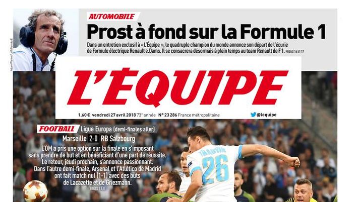 Prima Pagina, L&#8217;Équipe: &#8220;Un affare d&#8217;oro. L&#8217;OM si prende un vantaggio per la finale. Arsenal e Atletico pareggiano&#8230;&#8221; 