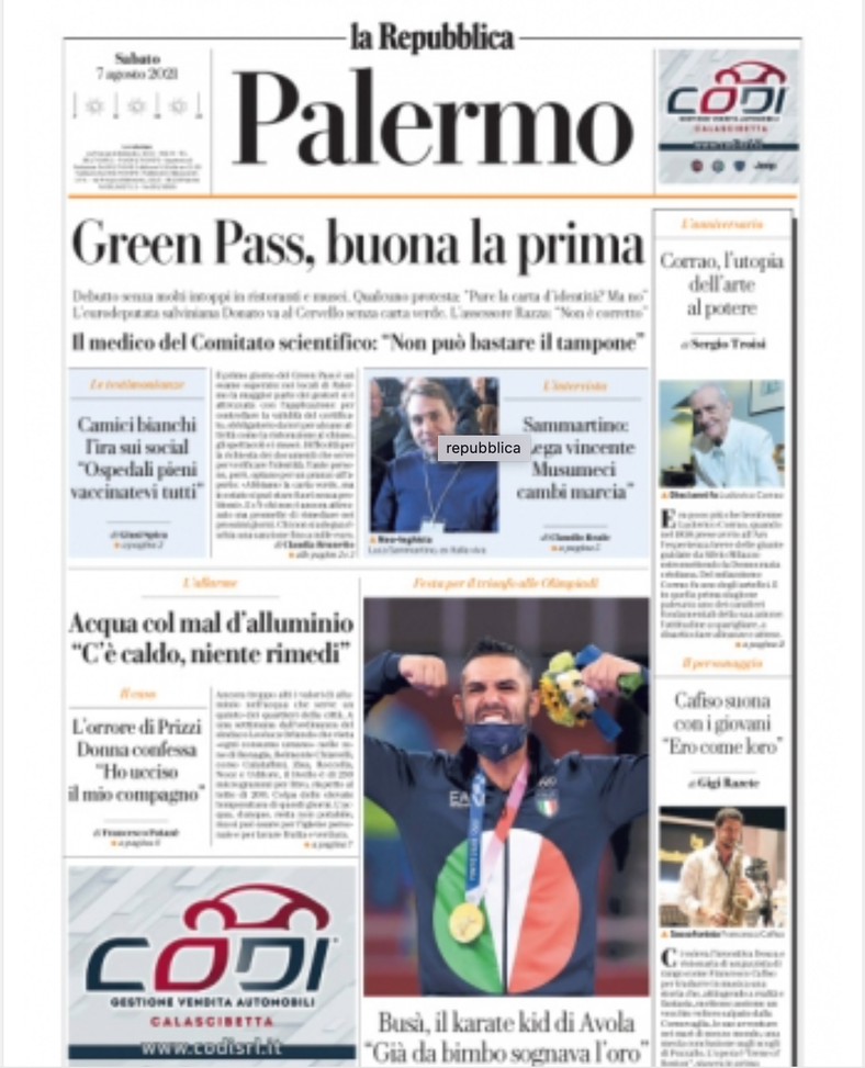 Prima Pagina, La Repubblica Palermo: “Green Pass, buona la prima” Prima Pagina, La Repubblica Palermo: “Green Pass, buona la prima”