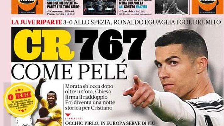 Prima Pagina, La Gazzetta dello Sport: “CR767 come Pelé. Oro Inter. Ibra segna anche al Festival” Prima Pagina, La Gazzetta dello Sport: “CR767 come Pelé. Oro Inter. Ibra segna anche al Festival”