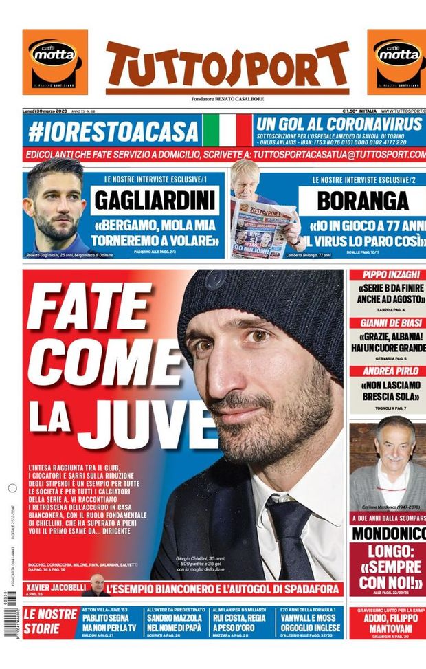 Prima pagina Tuttosport, 30 marzo 2020 