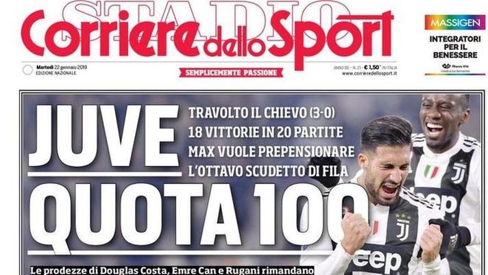 Prima Pagina, Corriere dello Sport: &#8220;Juve quota 100. Il Piatek ride. Allan-PSG, trattativa fiume. Icardi-Inter&#8230;&#8221; 
