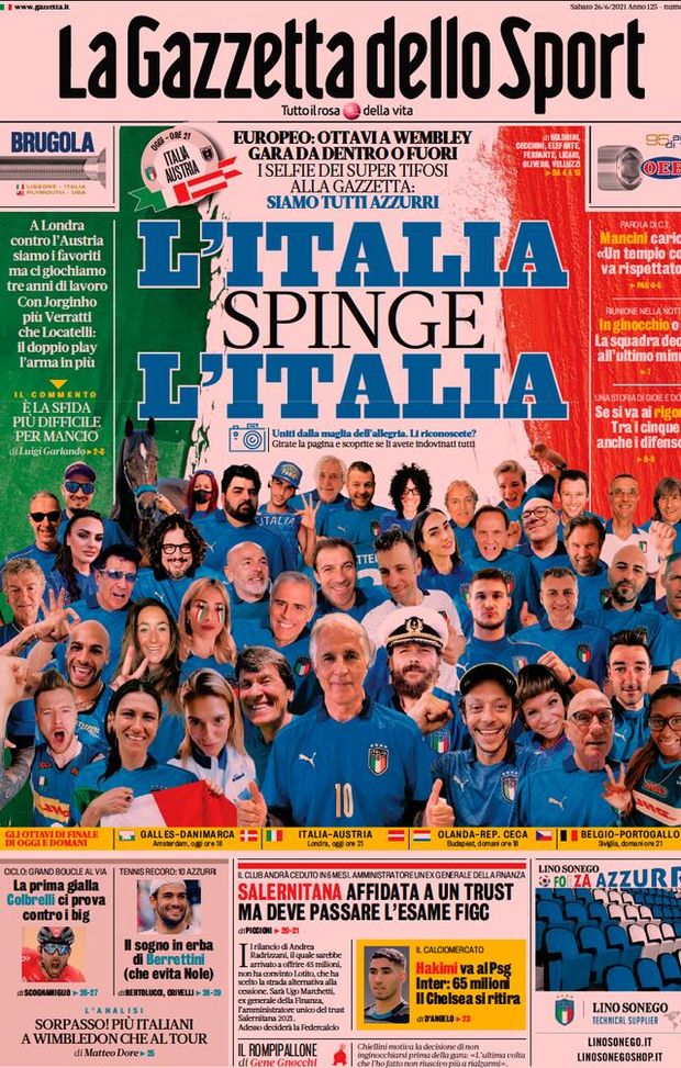 Prima Pagina, La Gazzetta dello Sport: “L&#8217;Italia spinge l&#8217;Italia&#8221; 