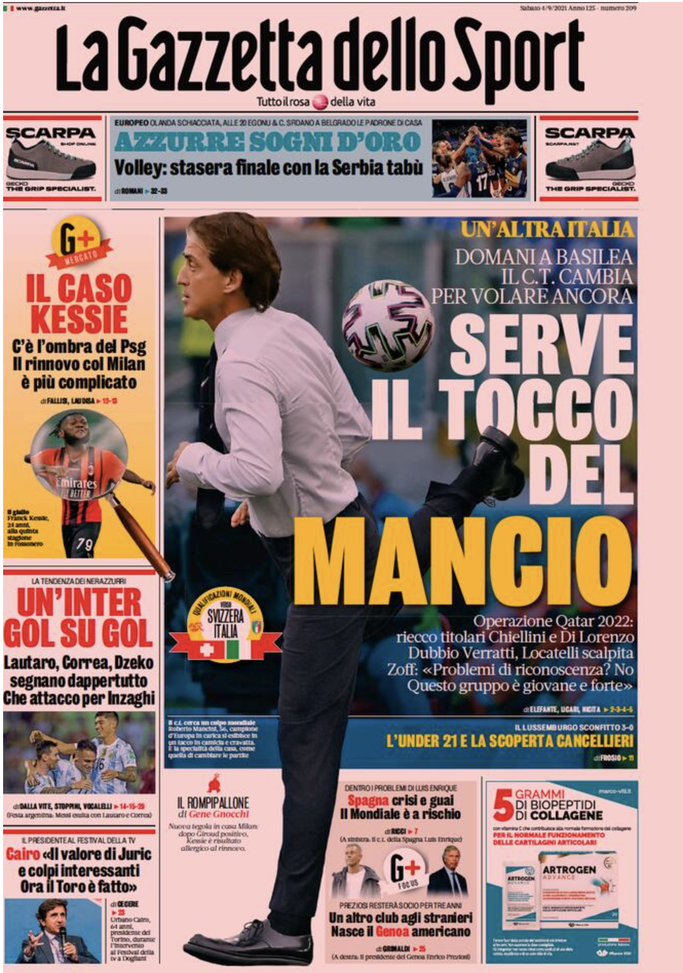 Prima Pagina, Gazzetta dello Sport: “Serve il tocco del Mancio. Inter gol su gol”  Prima Pagina, Gazzetta dello Sport: “Serve il tocco del Mancio. Inter gol su gol”
