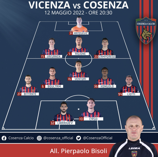 Vicenza-Cosenza, formazioni ufficiali. Dove vederla in tv- immagine 2