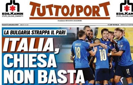 Prima Pagina, Tuttosport: “Chiesa non basta. La Bulgaria strappa il pari all’Italia” Prima Pagina, Tuttosport: “Chiesa non basta. La Bulgaria strappa il pari all’Italia”