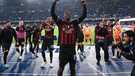 NAPLES, ITALY - APRIL 18: Rafael Leao of AC Milan celebrates the win at the end of the UEFA Champions League quarterfinal second leg match between SSC Napoli and AC Milan at Stadio Diego Armando Maradona on April 18, 2023 in Naples, Italy. (Photo by Claudio Villa/AC Milan via Getty Images)
