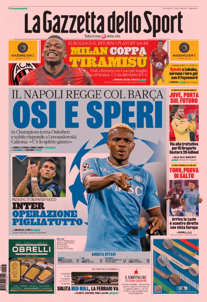 Prima Pagina Gazzetta dello Sport 22-02-2024