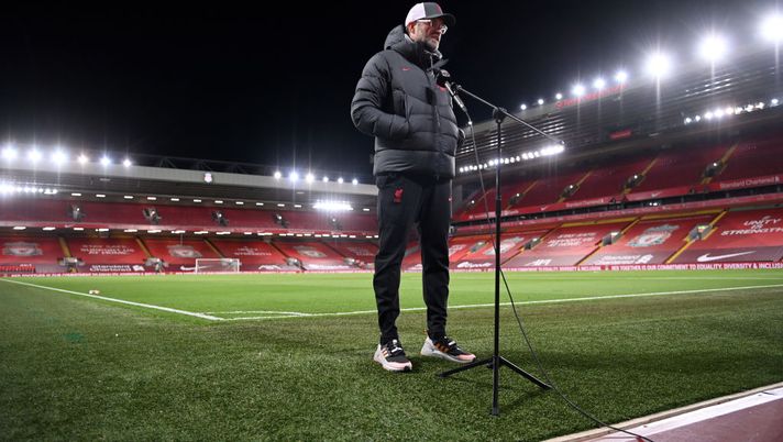 LIVERPOOL, ENGLAND - NOVEMBER 22: Jurgen Klopp, Manager of Liverpool conducts post match interviews during the Premier League match between Liverpool and Leicester City at Anfield on November 22, 2020 in Liverpool, England. Sporting stadiums around the UK remain under strict restrictions due to the Coronavirus Pandemic as Government social distancing laws prohibit fans inside venues resulting in games being played behind closed doors. (Photo by Laurence Griffiths/Getty Images) LIVERPOOL, ENGLAND - NOVEMBER 22: Jurgen Klopp, Manager of Liverpool conducts post match interviews during the Premier League match between Liverpool and Leicester City at Anfield on November 22, 2020 in Liverpool, England. Sporting stadiums around the UK remain under strict restrictions due to the Coronavirus Pandemic as Government social distancing laws prohibit fans inside venues resulting in games being played behind closed doors. (Photo by Laurence Griffiths/Getty Images)