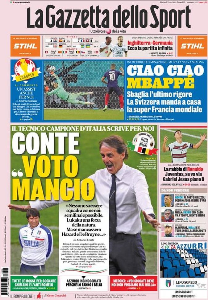 Conte vota Mancini: “Lukaku forza della natura ma semifinale possibile per l’Italia” Conte vota Mancini: “Lukaku forza della natura ma semifinale possibile per l’Italia” - immagine 1