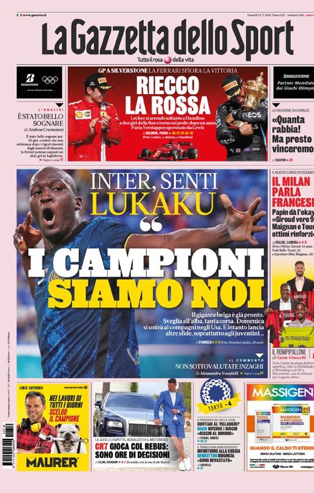 Prima Pagina, La Gazzetta dello Sport: “ Inter, senti Lukaku: I campioni siamo noi” Prima Pagina, La Gazzetta dello Sport: “ Inter, senti Lukaku: I campioni siamo noi”