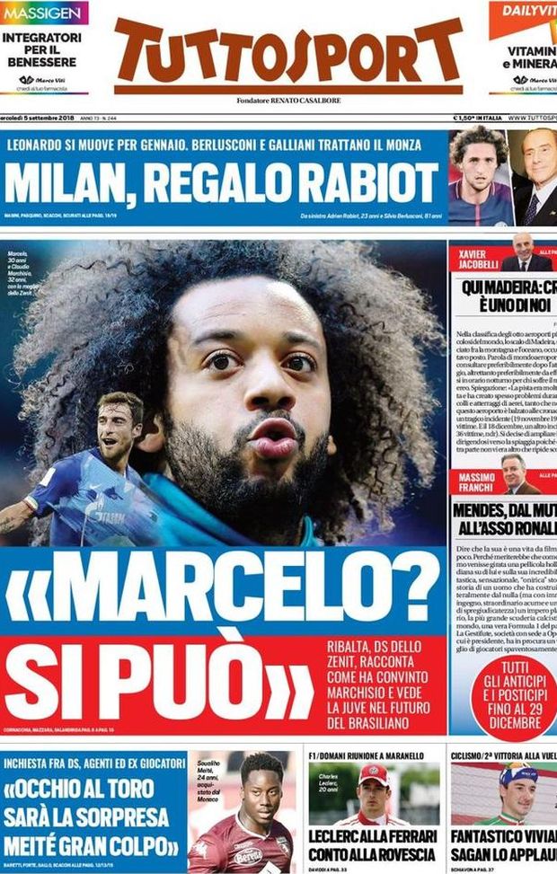 Prima Pagina, Tuttosport: “Marcelo si può. Milan, regalo Rabiot. Occhio al Toro, sarà la sorpresa…” Prima Pagina, Tuttosport: “Marcelo si può. Milan, regalo Rabiot. Occhio al Toro, sarà la sorpresa…”
