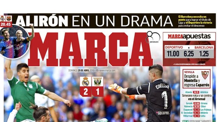 Prima Pagina, Marca: &#8220;Zidane: &#8216;Quella col Bayern è la partita dell&#8217;anno&#8217;. Simeone fa turnover e pensa all&#8217;Arsenal. Il Barcellona cerca un punto per vincere la Liga&#8230;&#8221; 