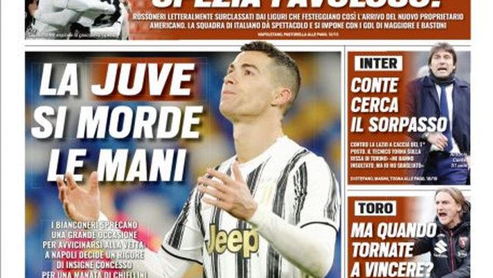 Prima Pagina, Tuttosport: “La Juve si morde le mani. Crollo Milan, Spezia favoloso” 
