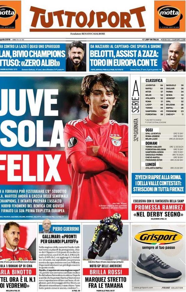 Prima Pagina, Tuttosport: “Juve isola Felix. Milan, bivio Champions. Ziyech riapre alla Roma. Promessa Ramirez” Prima Pagina, Tuttosport: “Juve isola Felix. Milan, bivio Champions. Ziyech riapre alla Roma. Promessa Ramirez”
