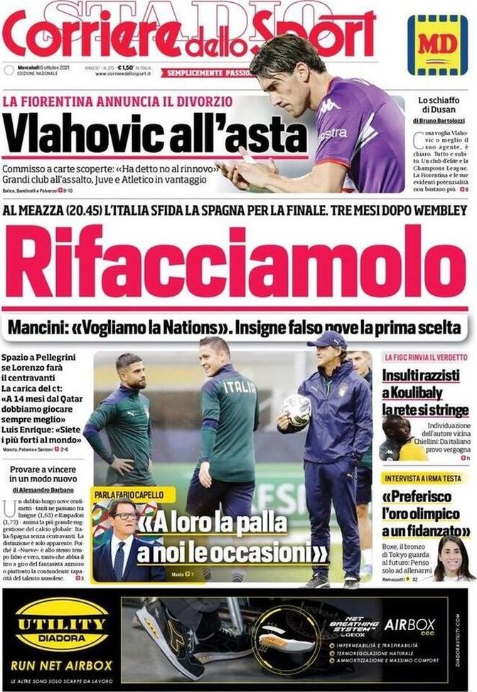 Prima Pagina, Corriere dello Sport: “Rifacciamolo! Al Meazza l’Italia sfida la Spagna” Prima Pagina, Corriere dello Sport: “Rifacciamolo! Al Meazza l’Italia sfida la Spagna” - immagine 1