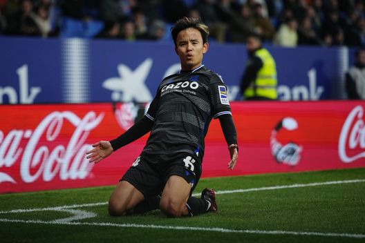 BARCELONA, SPAIN - FEBRUARY 13: Takefusa Kubo of Real Sociedad celebrates after scoring the team's first goal during the LaLiga Santander match between RCD Espanyol and Real Sociedad at RCDE Stadium on February 13, 2023 in Barcelona, Spain. (Photo by Alex Caparros/Getty Images)  Celta Vigo Real Sociedad