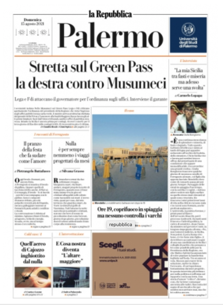Prima Pagina, La Repubblica Palermo: &#8220;Stretta Green Pass, destra contro Musumeci&#8221; 