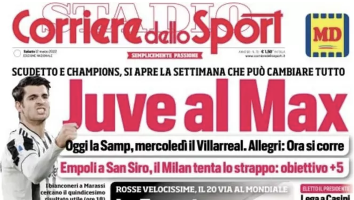 Prima Pagina, Corriere dello Sport: “Juve al Max. Il Milan tenta lo strappo”  prima pagina