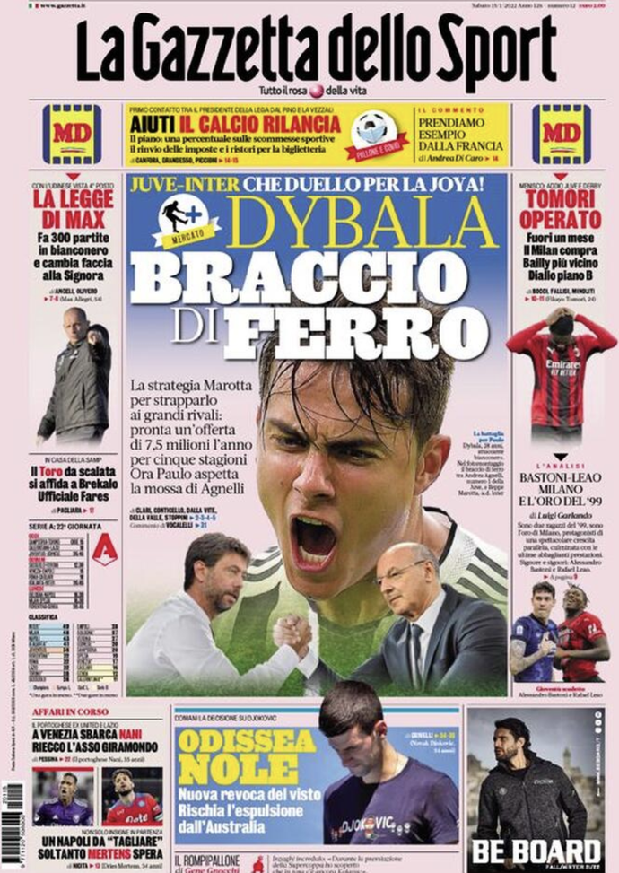 Prima Pagina, La Gazzetta dello Sport: “Dybala braccio di ferro. Tomori operato”  prima pagina